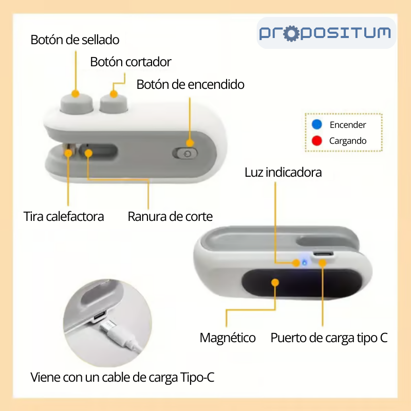 🚀 Mini sellador de bolsas con cortador e imán recargable 🔋
